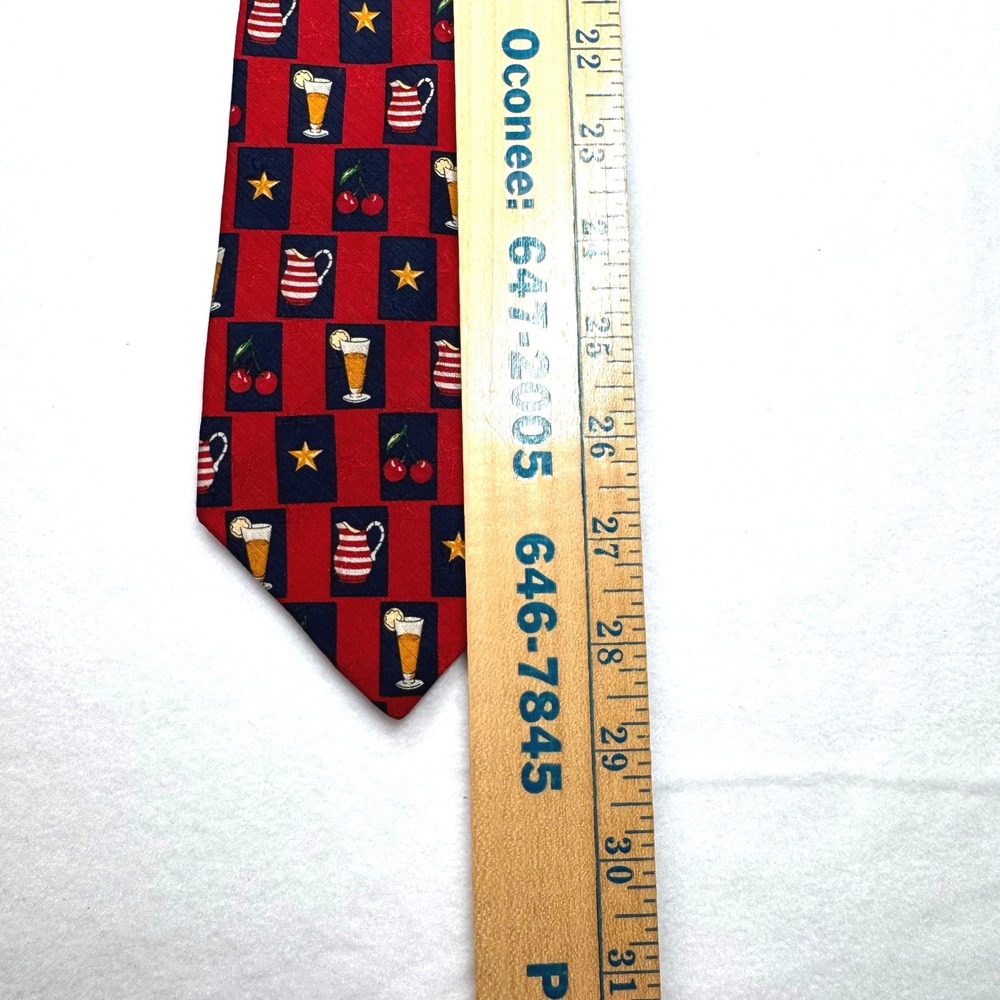 Tommy Hilfiger Silk Tie Red Blue Americana Picnic Beverage Cherry Stars USA Made - Picture 3 of 4